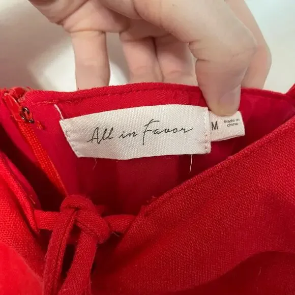 All In Favor Red Mini Dress M Womens Sleeveles V Neck Tie Detail Linen Ruffle - Picture 6 of 7